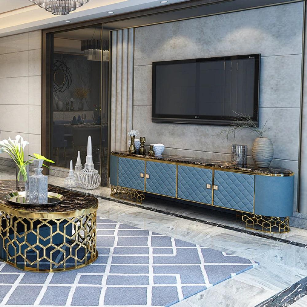 Lixra Golden Finish Marble Coffee Table Tv Stand And Side Table