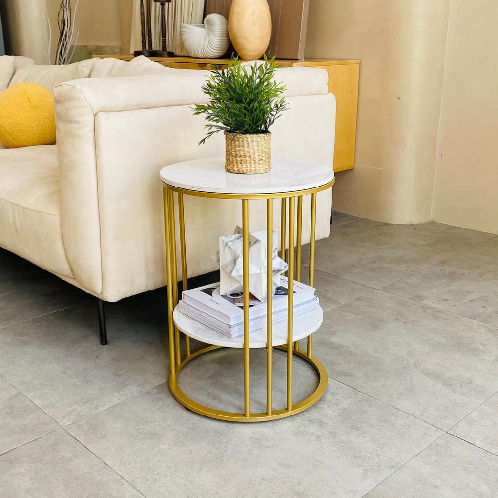 lixra Golden Finish Round Sintered Stone Side Table