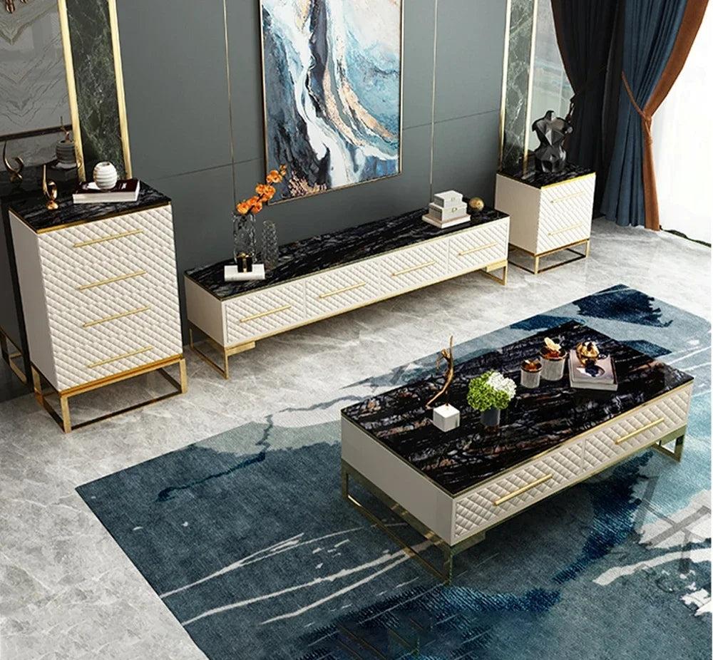 Lixra Golden Luxury Marble-Top Entertainment Center Set