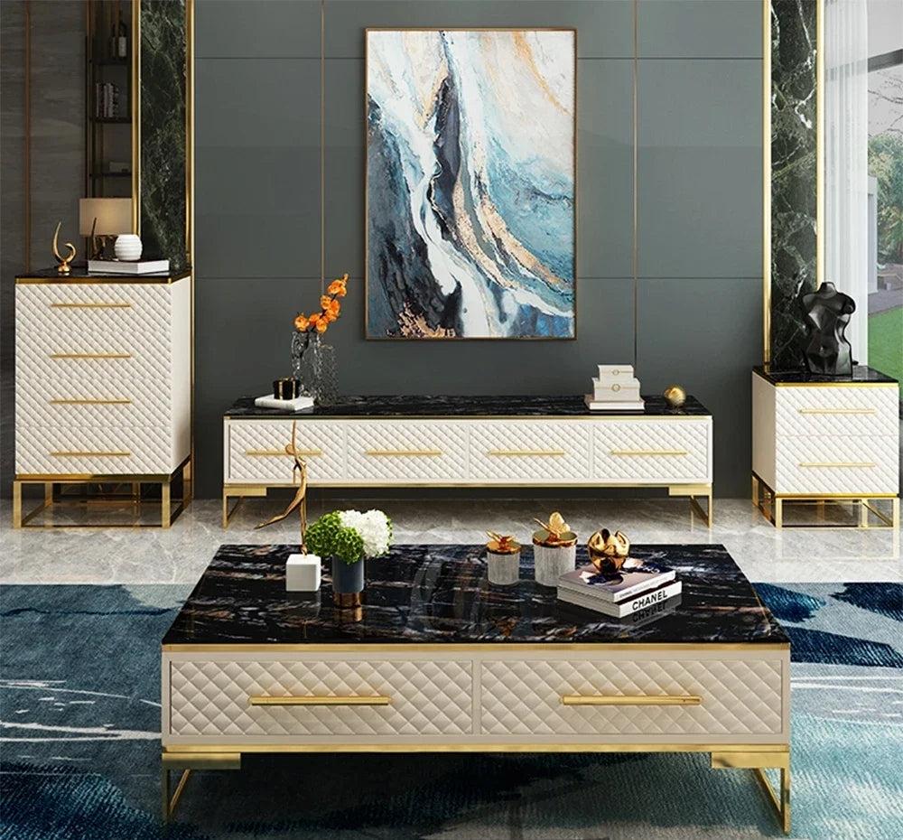 Lixra Golden Luxury Marble-Top Entertainment Center Set