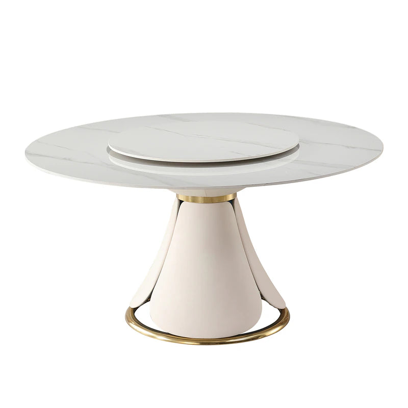 Lixra Golden Metallic Base Marble Top Dining Table With Lazy Susan