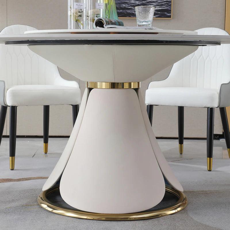 lixra Golden Metallic Base Marble Top Dining Table With Lazy Susan