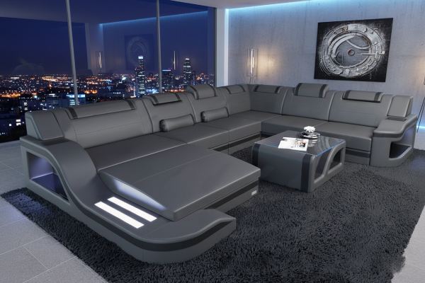 Lixra Illuminated Elegance U-Shaped Leather Sectional Sofa With LED Lights