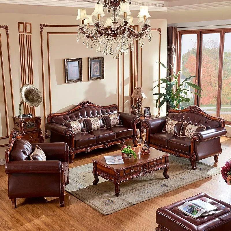 Lixra Liville Style Leather European Wooden Sofa Set