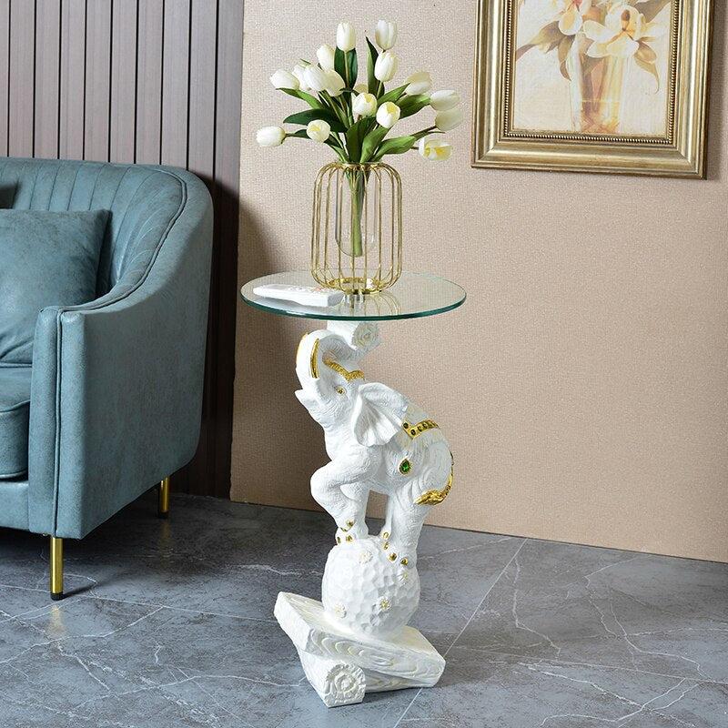 Lixra Artistic Elephant Sculpture Glass Side Table
