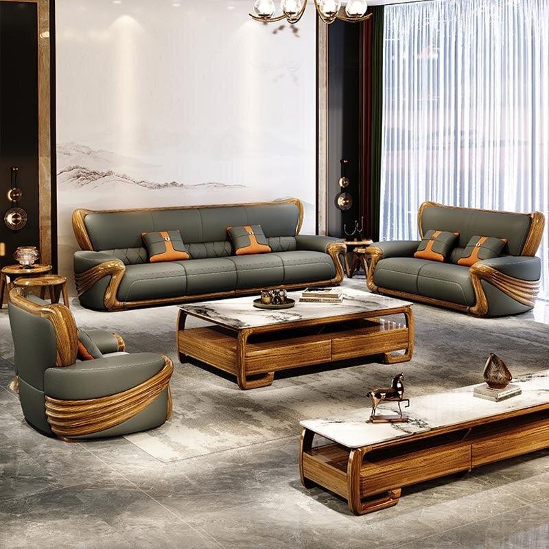 Lixra Classical Wooden Leather Sofa Set Of 3