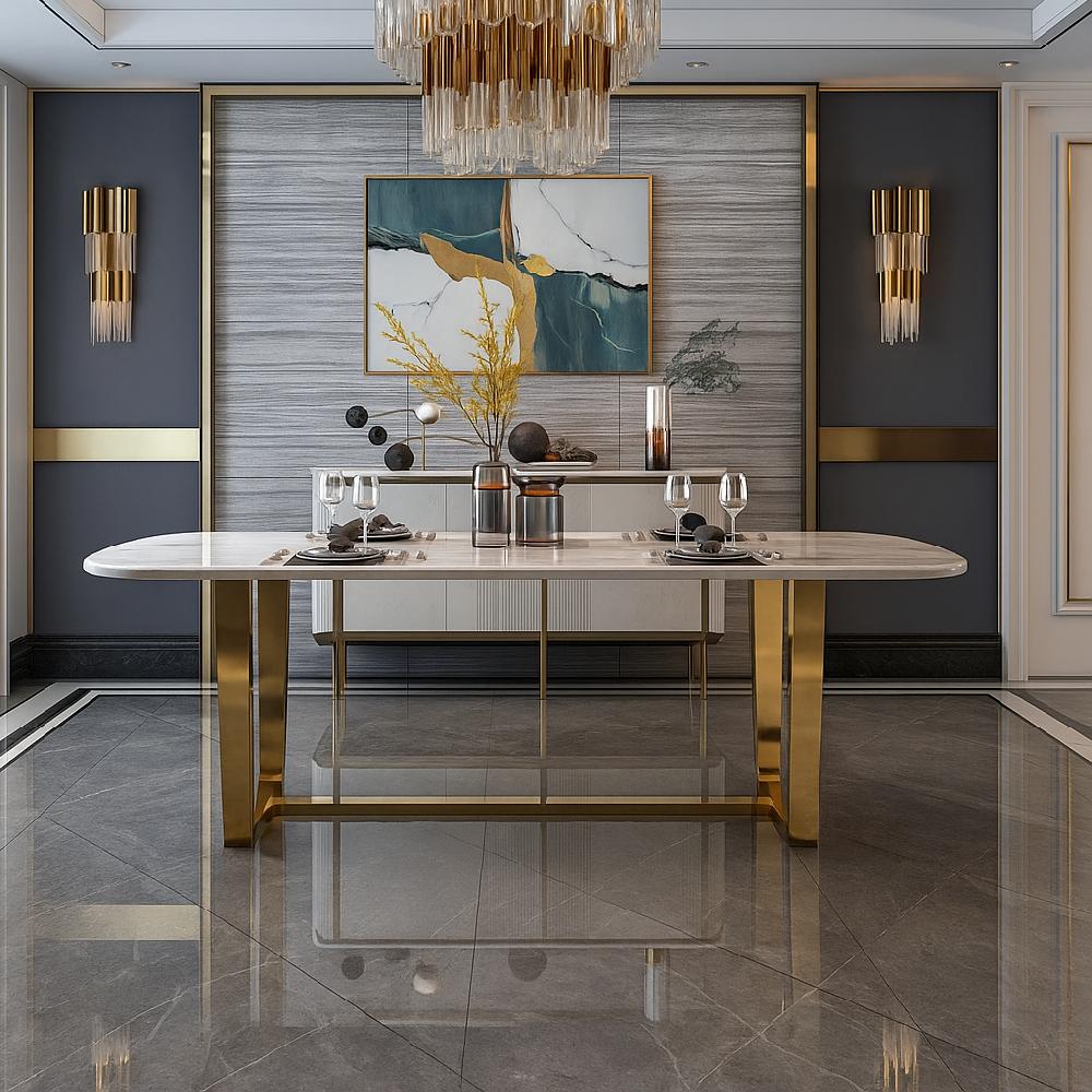 lixra Designer Marble Dining Table with Metal Legs