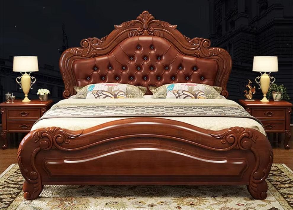 Lixra European Carved Wooden Leather Bed