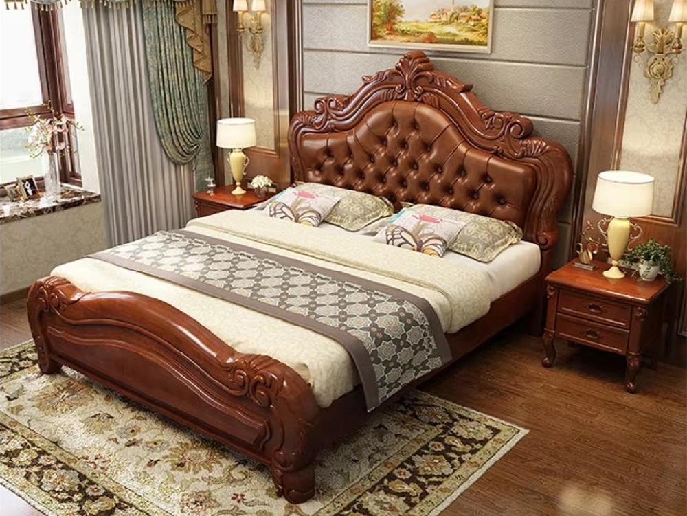 lixra European Carved Wooden Leather Bed