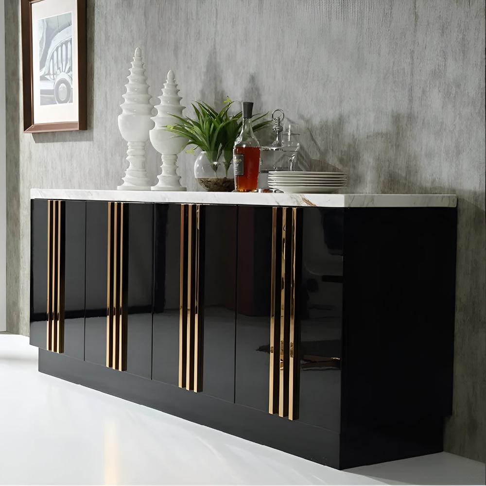 Lixra Gleamy Marble-Top Black Buffet Table