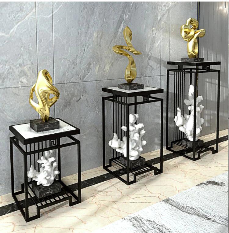 lixra Gold Finish Gleamy Marble-Top Pedestal