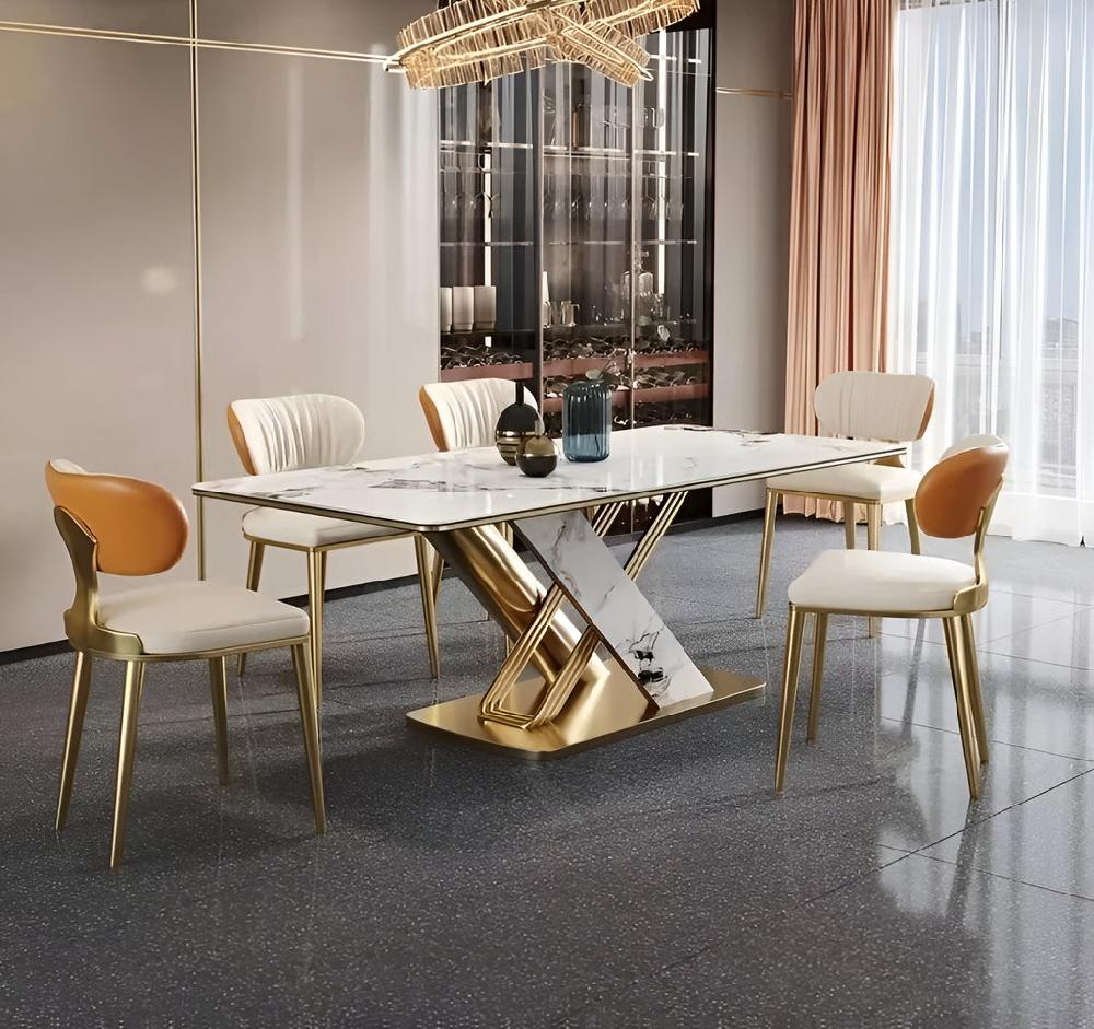 Lixra Gold Finish Marble Dining Table Set