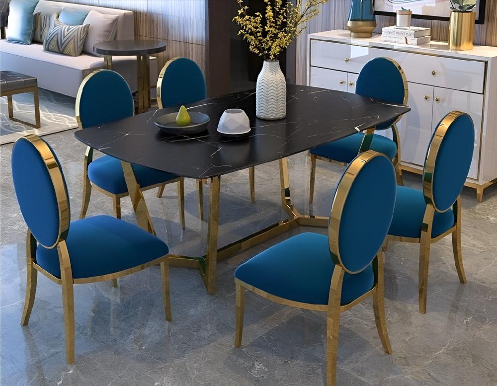 Lixra Gold Finish Marble Dining Table Set