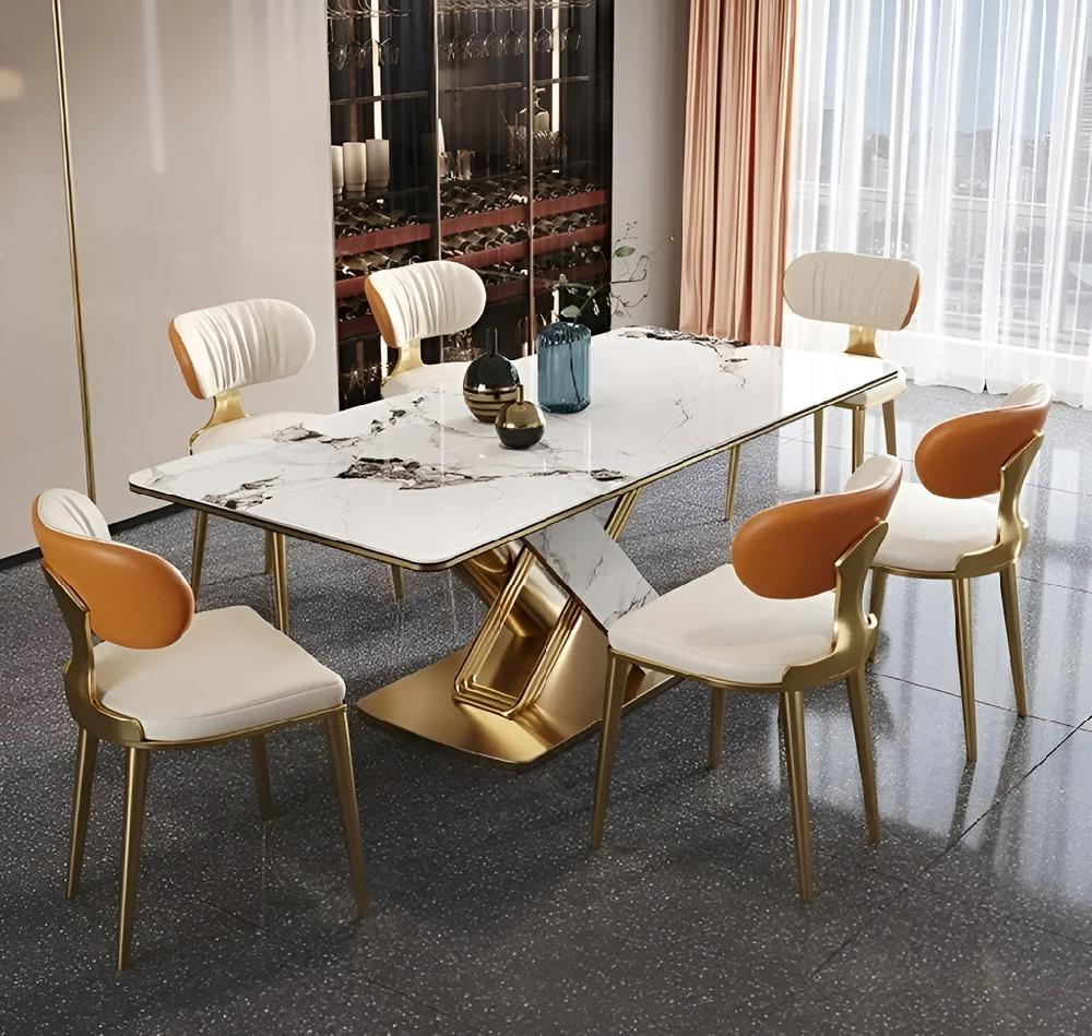 lixra Gold Finish Marble Dining Table Set