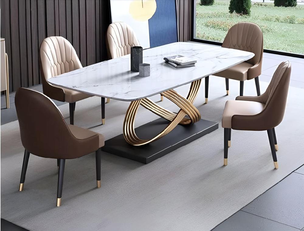 Lixra Golden Finish Marble Dining Table Set