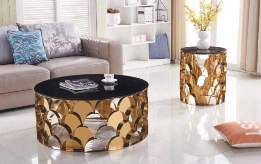 Lixra Golden Finish Modern Marble Coffee Table
