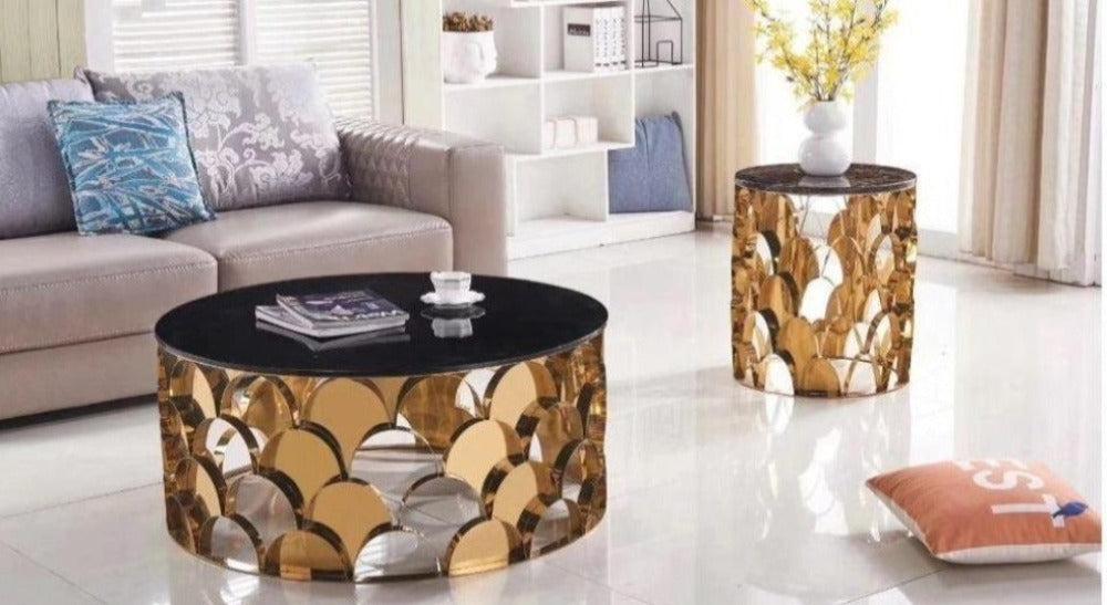 Lixra Golden Finish Modern Marble Coffee Table