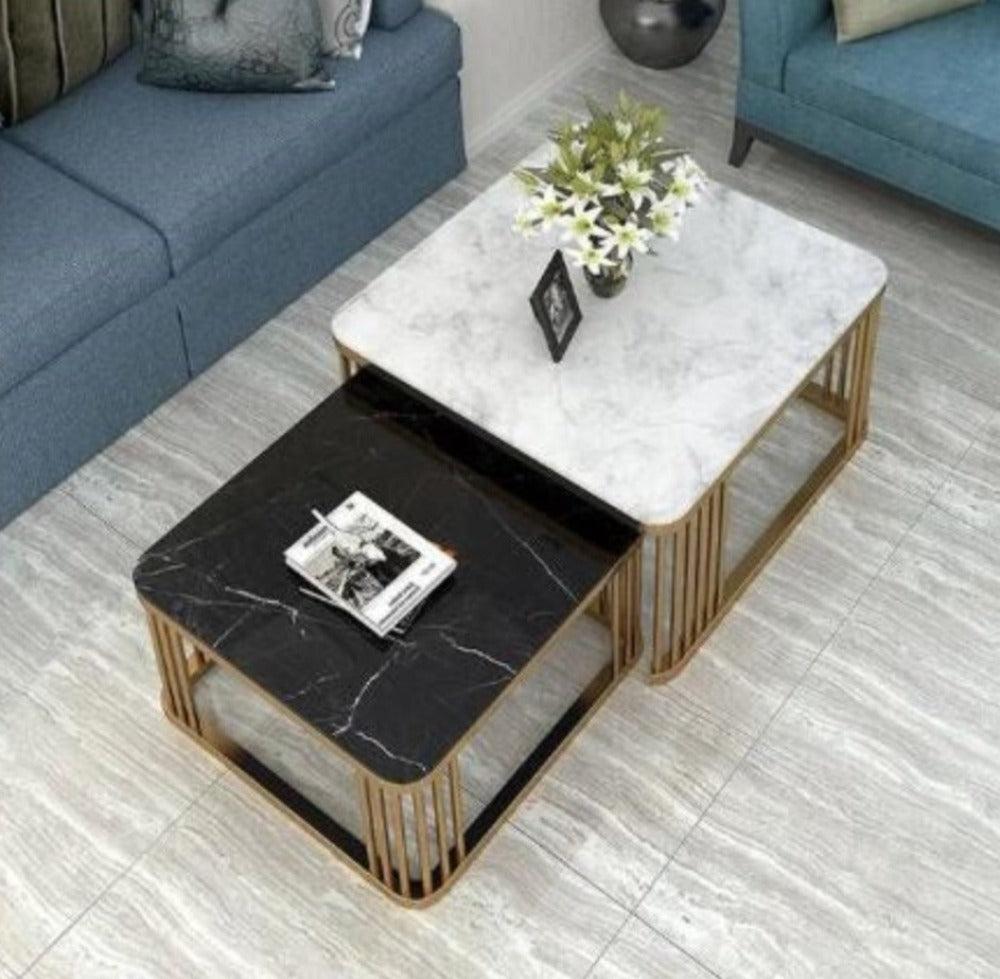 Lixra Golden Finish Square Marble Coffee Table