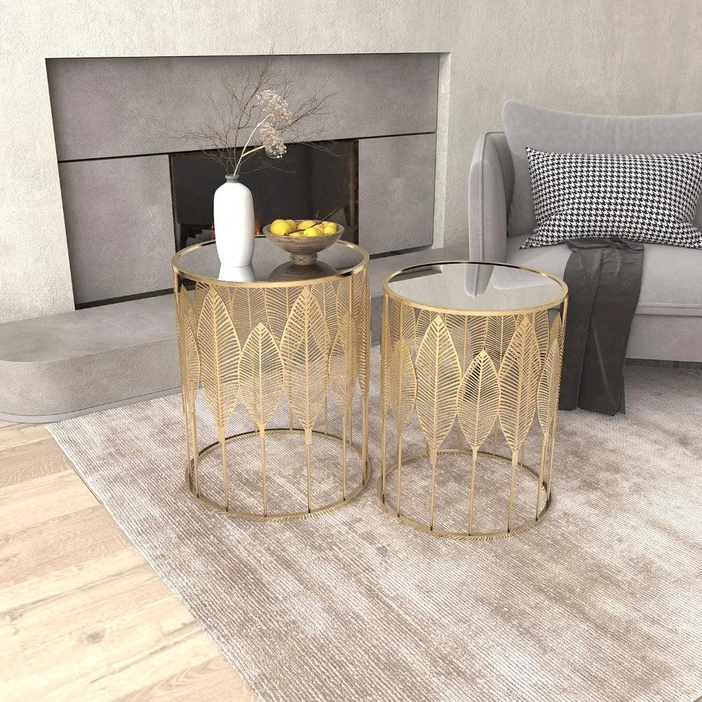 Lixra Golden Leaf Duo Mirrored Side Table Set