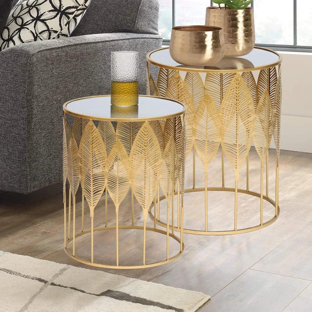 lixra Golden Leaf Duo Mirrored Side Table Set