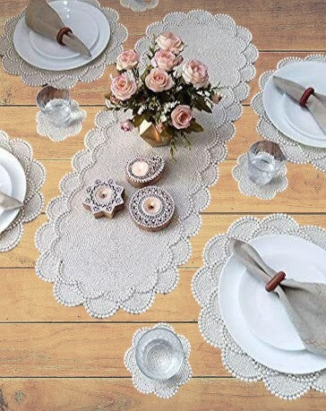 Lixra Handcrafted Beaded White Dining Table Runner