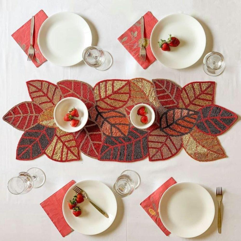 Lixra Leaf Design Glass-Beads Table Runner
