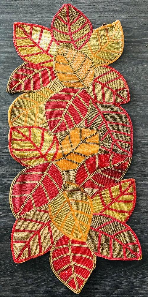 Lixra Leaf Design Glass-Beads Table Runner