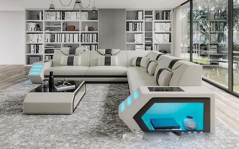 Lixra Leather L Shaped Sectional Sofa With LED