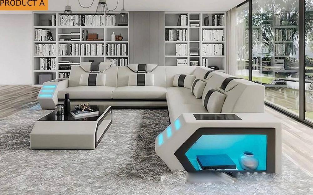 Lixra Leather L Shaped Sectional Sofa With LED