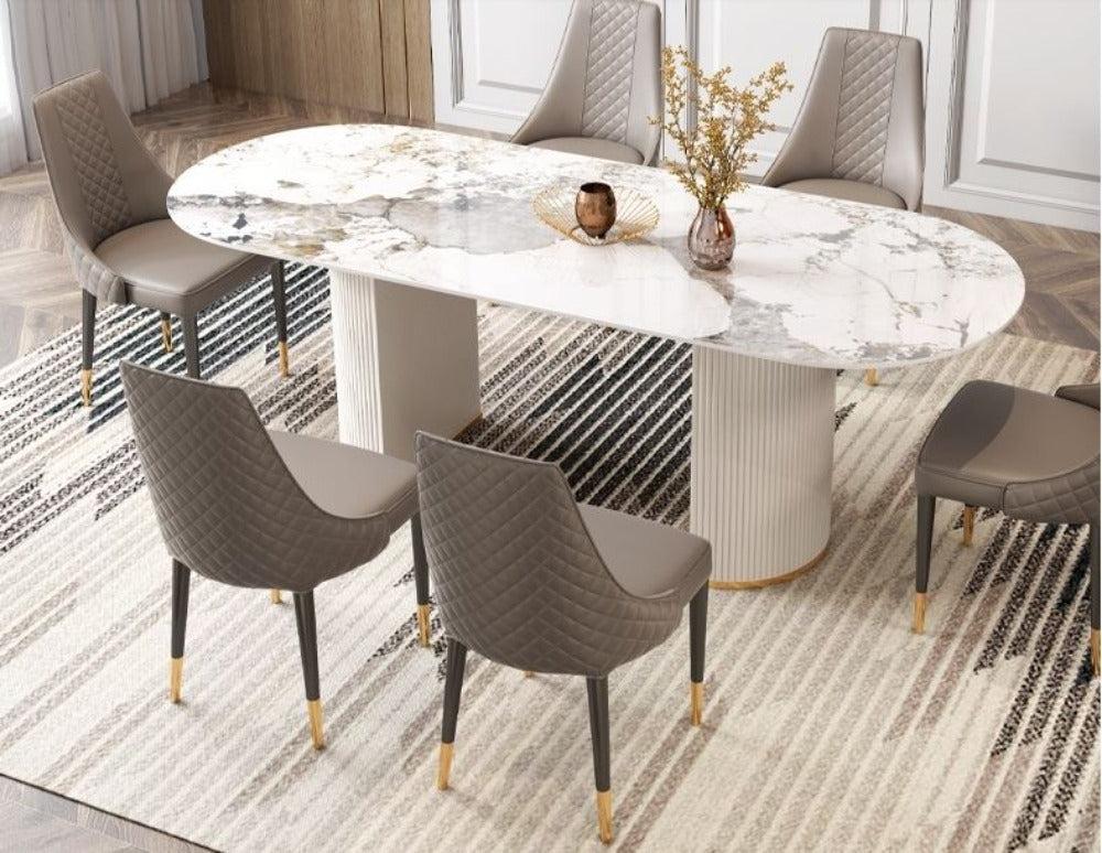 lixra Light Finish Marble Dining Table Set