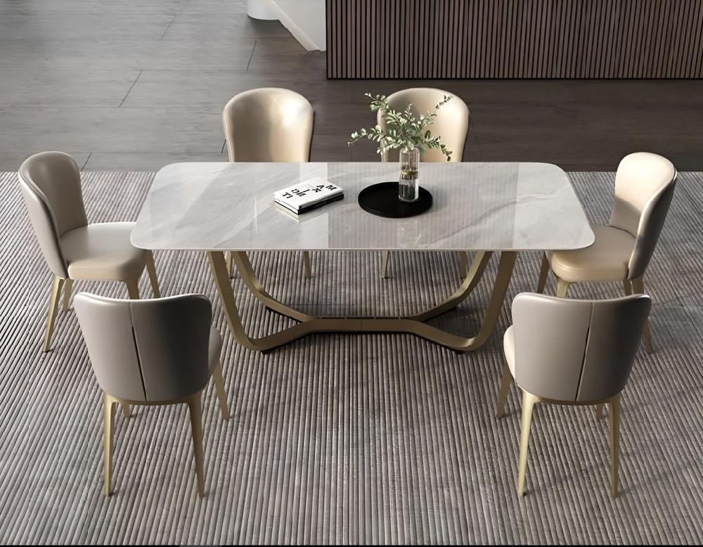 Lixra Light Finish Marble-Top Dining Table Set