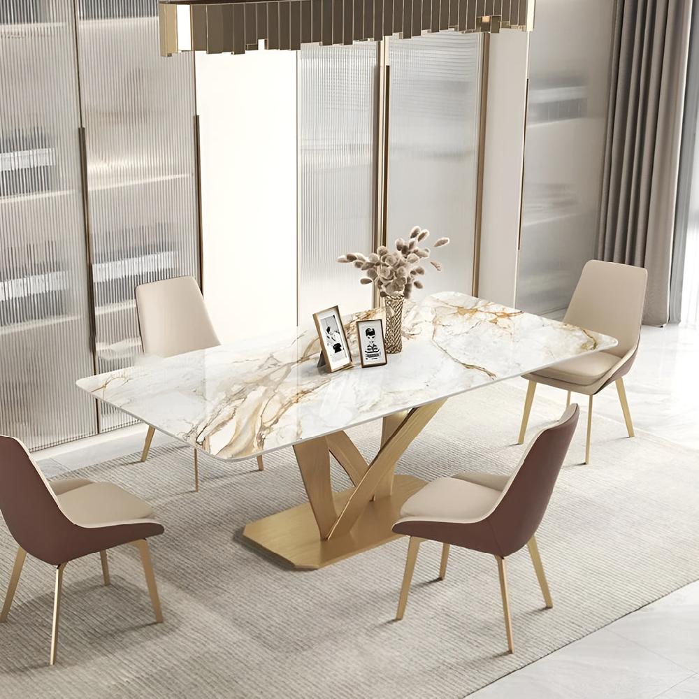 Lixra Marble Dining Table Set With Gold Accents