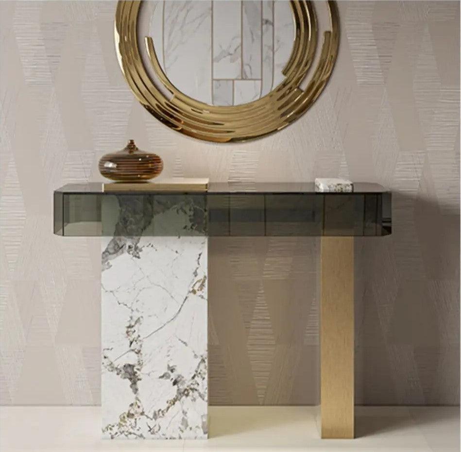 Lixra Marble & Steel Base Glass Accent Table