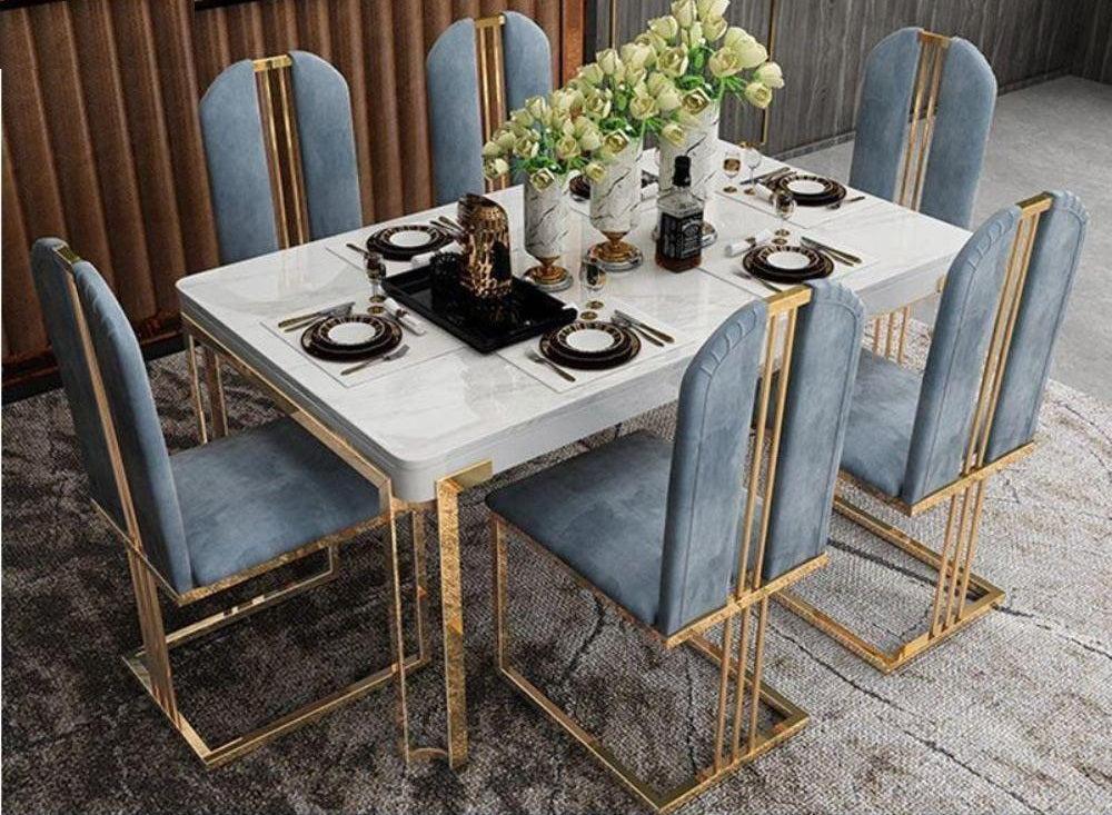 Lixra Metallic Finish Marble-Top Dining Table Set