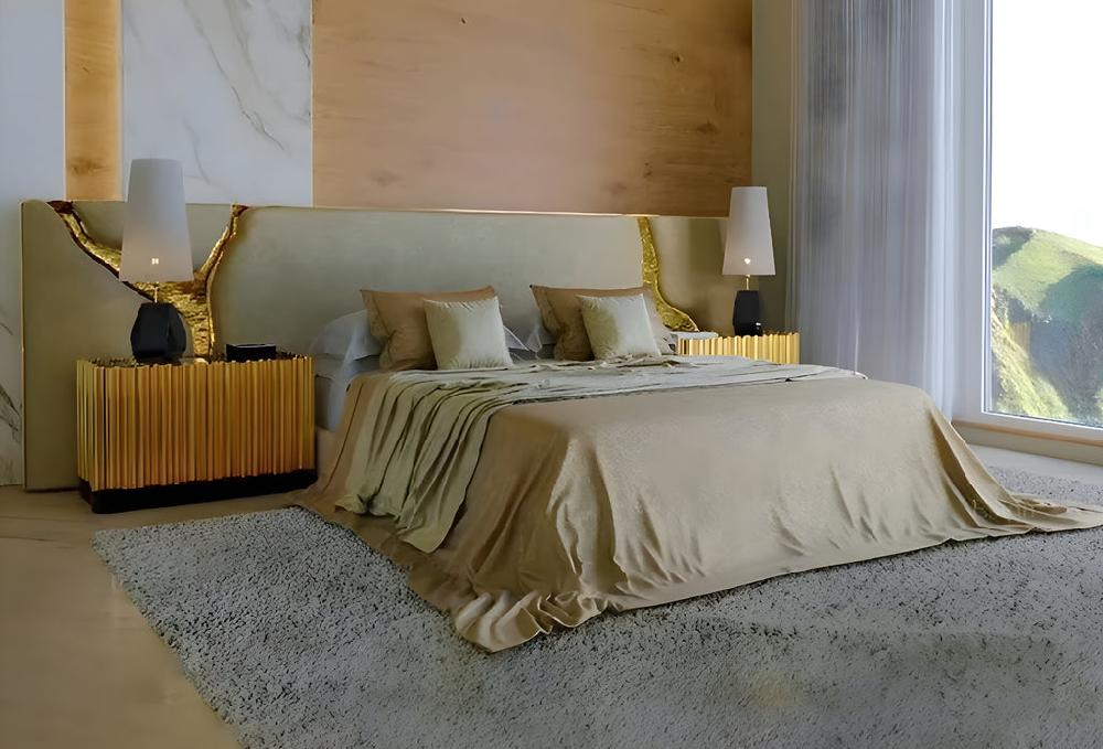 Lixra Modern Designer Fabric Bed With Gold Accents