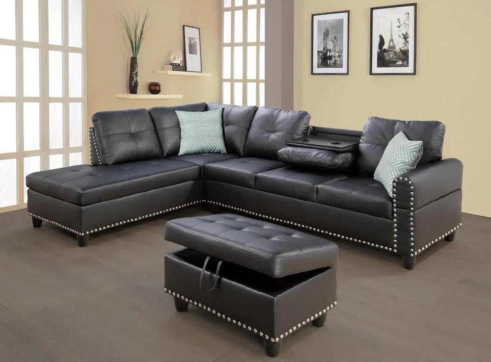 Lixra Nail-Trim Design Leather Sectional Sofa