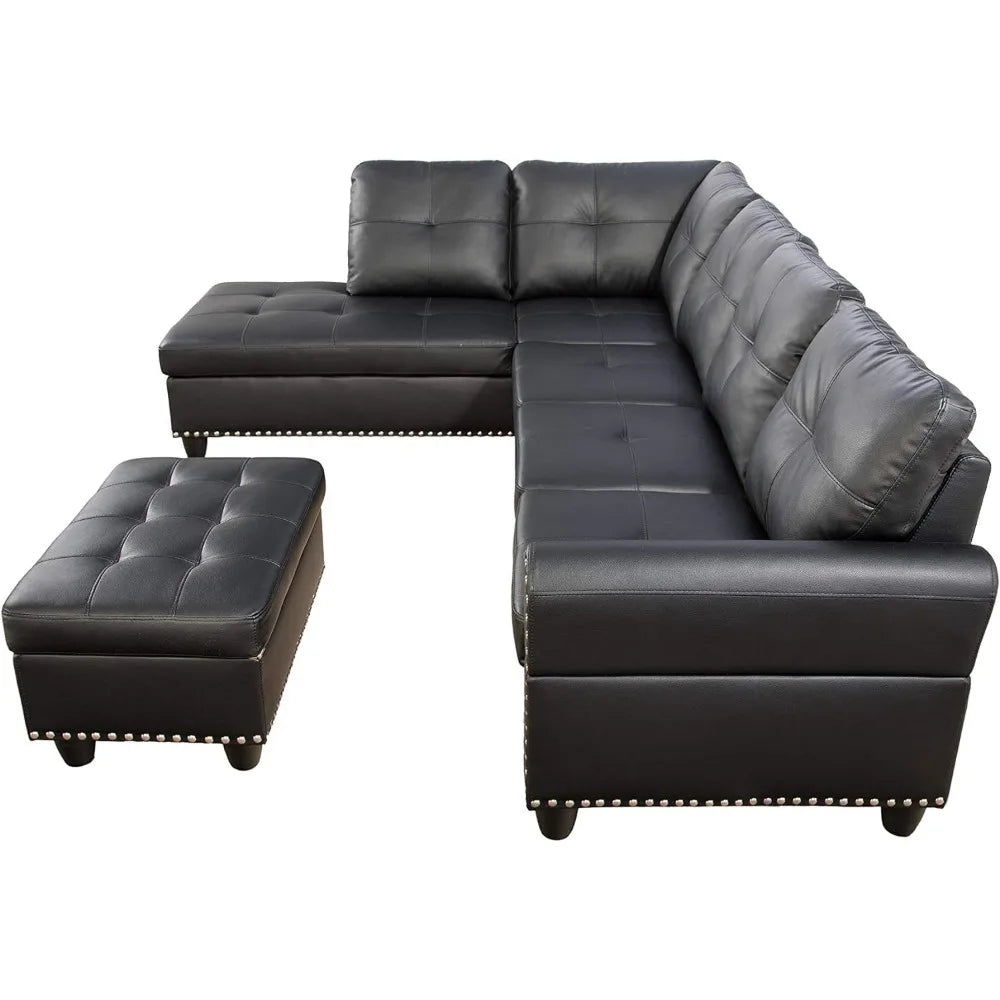 Lixra Nail-Trim Design Leather Sectional Sofa