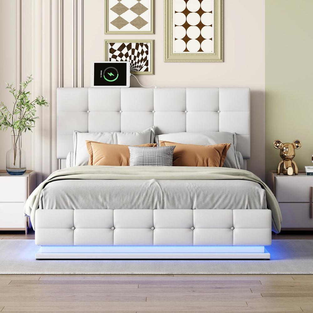 Lixra PU Upholstered Queen Bed With LED Lights