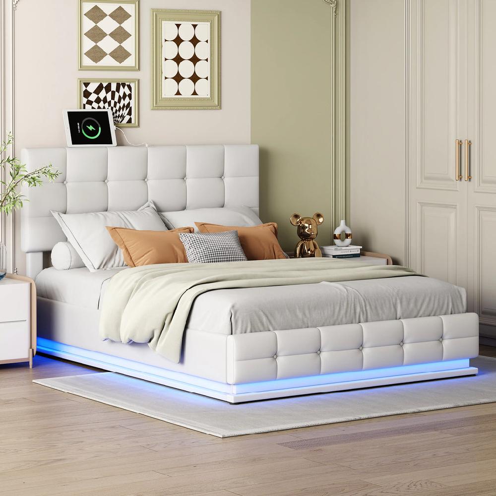 Lixra PU Upholstered Queen Bed With LED Lights