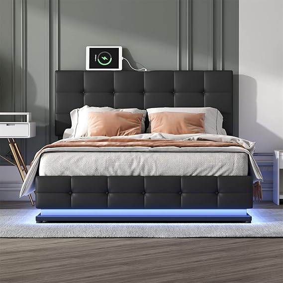 lixra PU Upholstered Queen Bed With LED Lights