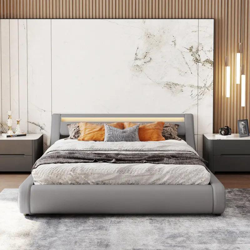 Lixra Queen Size Trendy Leather LED-Headboard Bed