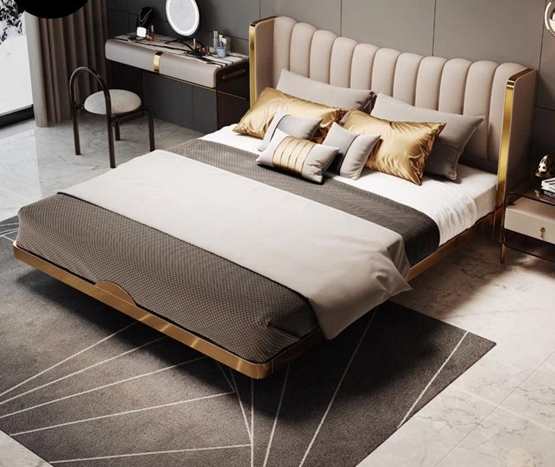 Lixra Stylish Gold Accent Modern LED Leather Bed