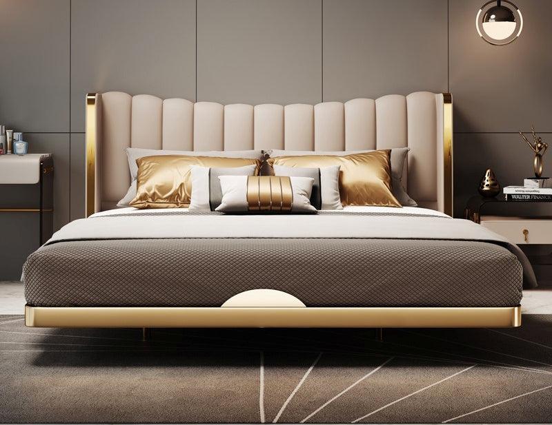 lixra Stylish Gold Accent Modern LED Leather Bed