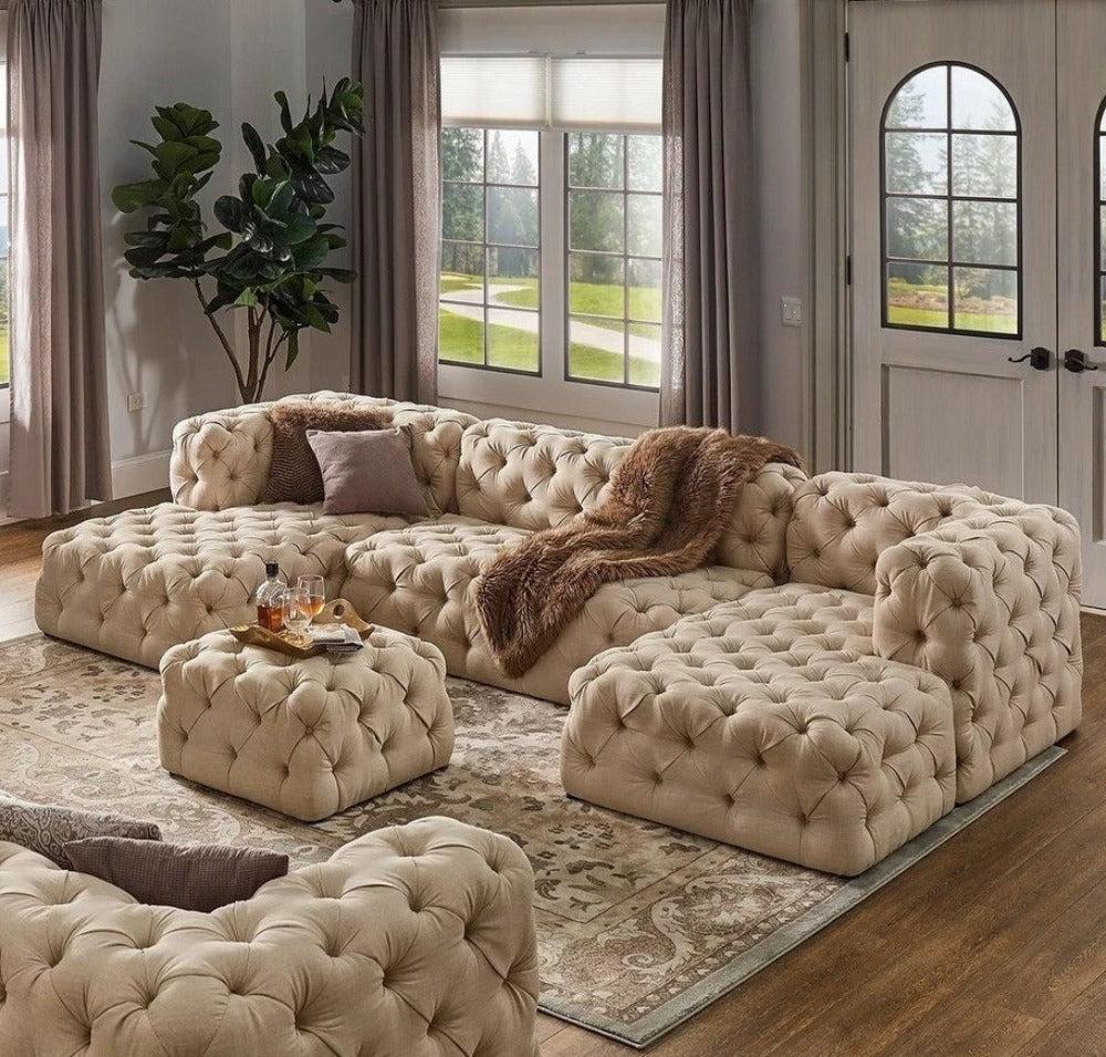 Lixra U-Shaped Button Tufted Fabric Sectional Sofa