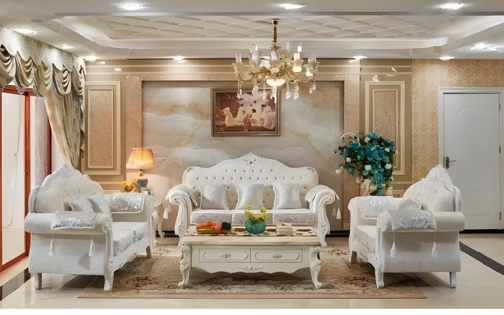 Lixra White European Living Room Fabric Sofa Set