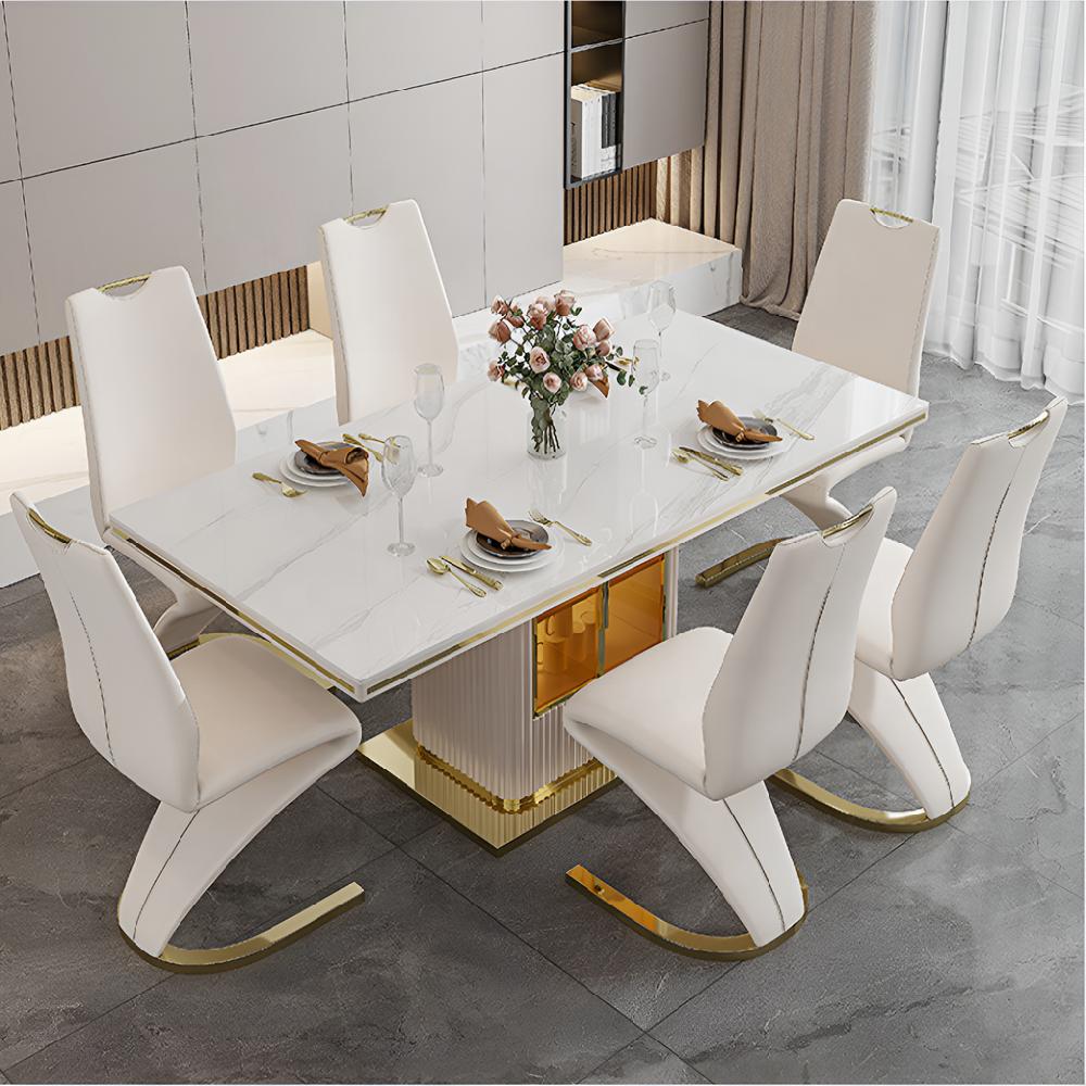 Lixra White Glossy Marble-Top Dining Table Set