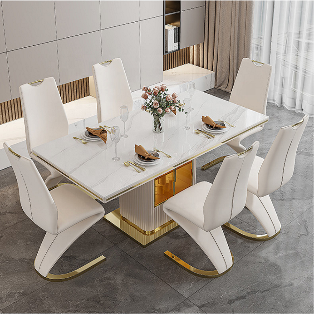 Lixra White Glossy Marble-Top Dining Table Set