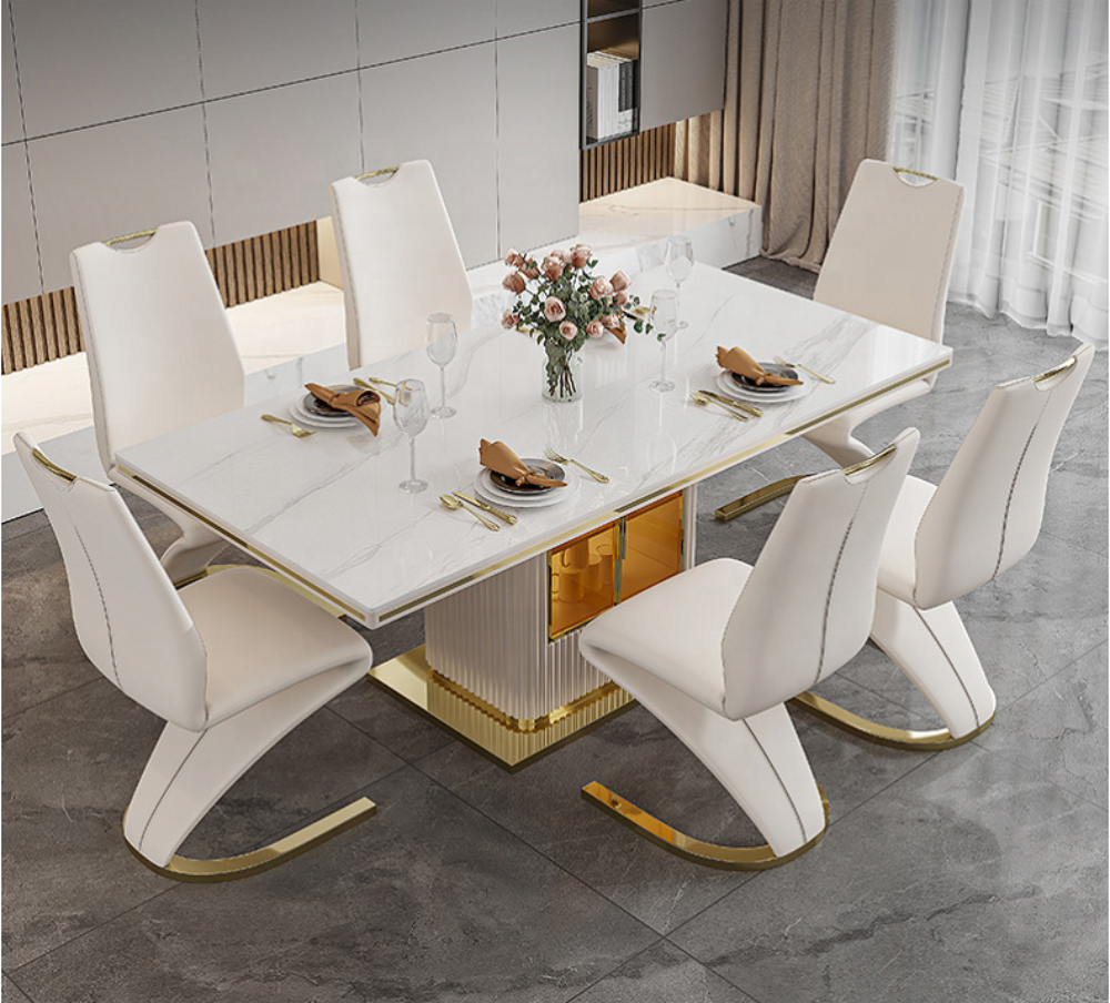 Lixra White Glossy Marble-Top Dining Table Set