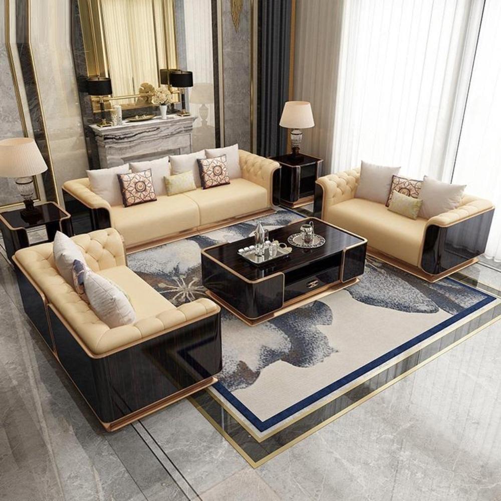 Lixra Wooden Polished Tufted Leather Sofa-Set