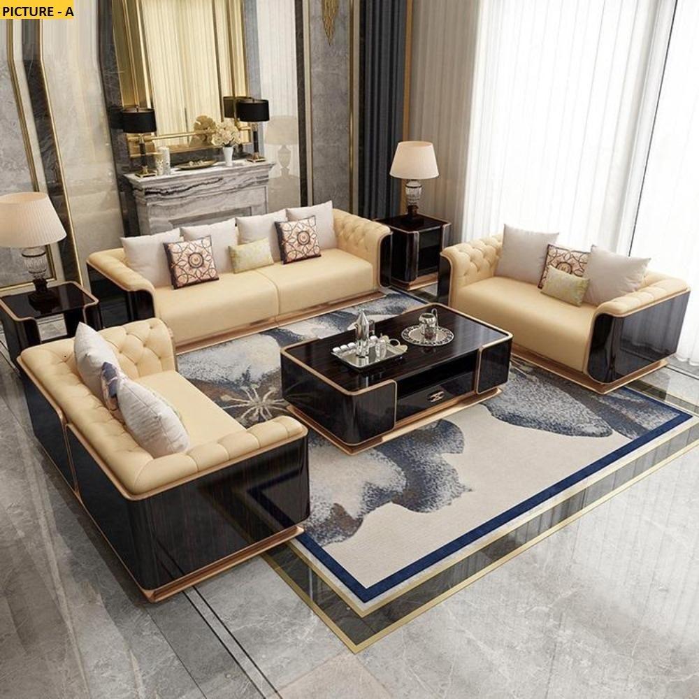 Lixra Wooden Polished Tufted Leather Sofa-Set